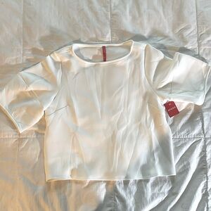 SPANX white soft crew neck with double seam extended sleeves